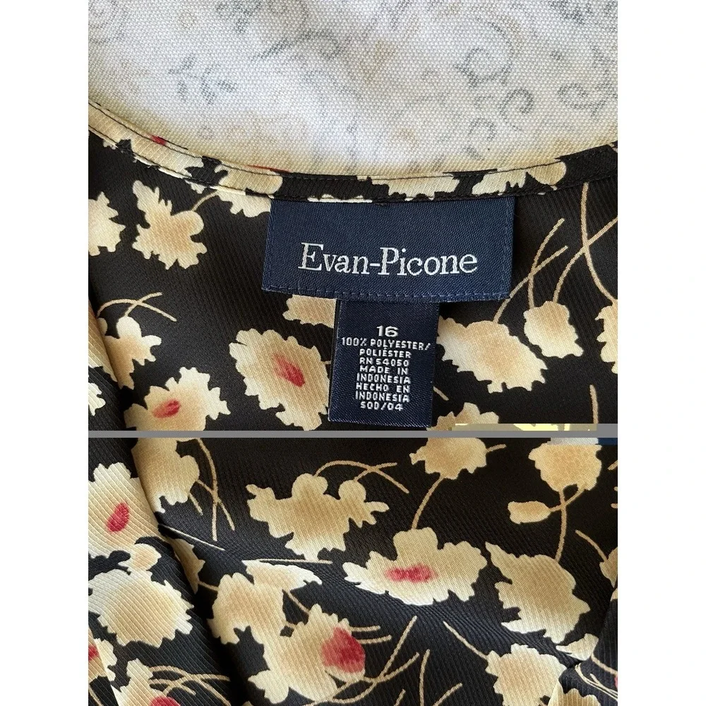 Evan Picone Women's Midi Skirt and Top Set Size 16 Black Beige Floral Sleeveless